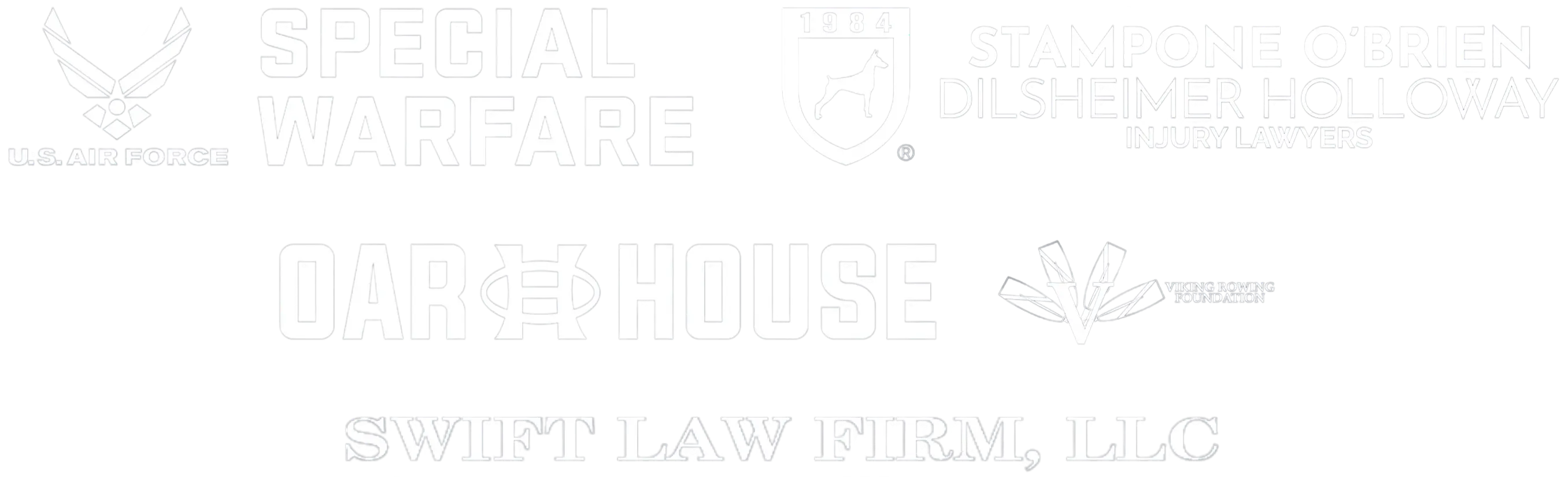 Logos of the 2024 sponsors: USAF Special Warfare, Stampone O'Brien Dilsheimer Law, Oar House, Viking Rowing Foundation, Swift Law Firm LLC